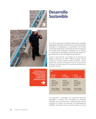 Desarrollo
                                                  Sostenible




                                                  En el 2010, continuamos trabajando nuestras Diez Prioridades
                                                  de Desarrollo Sostenible y promoviendo una cultura de desarrollo
                                                  sostenible en la organización, en coordinación con las áreas
                                                  involucradas de la empresa. Durante este periodo, los programas
                                                  de inversión social corporativa continuaron con un enfoque
                                                  en el desarrollo de capacidades, la promoción del empleo y el
                                                  emprendimiento en las comunidades donde operamos.
                                                  Gracias a este esfuerzo, de acuerdo con la encuesta de
                                                  Imagen Corporativa de IPSOS APOYO aplicada durante
                                                  el 2010 en la opinión pública, líderes de opinión y sector
                                                  empresarial, estamos considerados entre las cinco primeras
                                                  empresas con mayor apoyo a la comunidad y contribución al
                                                  desarrollo nacional.


                            2010: Backus en el
                          ranking de empresas
                             con mayor apoyo         Opinión             Líderes             Sector
                               a la comunidad        Pública             de Opinión          Empresarial
                              y contribución al
                            desarrollo nacional
                                                      2dos en            3eros en            5tos en
                                                      Contribución       Contribución        Contribución
                                                      al Desarrollo      al Desarrollo       al Desarrollo
                                                      Nacional           Nacional            Nacional

                                                      2dos en Apoyo      2dos en Apoyo       5tos en Apoyo
                                                      a la Comunidad     a la Comunidad      a la Comunidad




                                                  Los programas y actividades que realizamos estuvieron
                                                  orientados a nuestras Diez Prioridades de Desarrollo
                                                  Sostenible. Así, en el último año, mejoramos 20% nuestro
                                                  resultado en la Matriz de Evaluación de Sostenibilidad de
                                                  SABMiller, herramienta que nos permite evaluar el avance


56   Nuestro compromiso
 