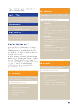 13
Nuestros Grupos de Interés
En base a nuestras 10 Prioridades de Desarrollo
Sostenible, trabajamos con nuestros grupos de
interés para escuchar sus expectativas, recibir su
retroalimentación y alcanzar nuestros objetivos en
temas de sostenibilidad.
Nuestros grupos de interés han sido identificados
y seleccionados en función a la relación e impacto
de nuestro Grupo sobre ellos, así como por los
impactos y/o expectativas que estos generan sobre
nosotros. La relación se canaliza a través
de diversos mecanismos de comunicación
que se detallan a continuación:
Comunidades
Las comunidades en las que operamos y la sociedad en
general (consumidores y no consumidores).
Medios de comunicación
ƒƒ 	Notas de prensa
ƒƒ Reportajes a través de los medios
ƒƒ Publicidad en medios
ƒƒ Sitio en Internet (website)
ƒƒ Reuniones de coordinación
ƒƒ Visitas a planta
Algunos de los principales resultados de este
estudio son los siguientes:
Opinión Pública:
>	 2° en contribución al desarrollo nacional
>	 2° en apoyo a la comunidad
Líderes de opinión:
>	 4° en contribución al desarrollo nacional
>	 2° en apoyo a la comunidad
Sector empresarial:
>	 2° en contribución al desarrollo nacional
>	 3° en apoyo a la comunidad
Colaboradores
Trabajadores de UCP Backus y Johnston S.A.A. y de
Cervecería San Juan S.A.
Medios de comunicación
1.	 Canal Verbal
ƒƒ Trabajo en Equipo: Reuniones de trabajo y
discusión por áreas. Frecuencia semanal u
ocasional
ƒƒ One on one y Reuniones de Desarrollo: Reuniones
periódicas que mantienen todos los colaboradores
con su jefe inmediato
2.	 Canal Escrito
ƒƒ Trabajando Juntos: Revista corporativa
ƒƒ Plan de Negocio: Documento de despliegue de las
metas y prioridades del negocio
ƒƒ Boletín interno y vitrinas
3.	 Canal electrónico
ƒƒ Web interna: Portal principal IDEAS, boletines
electrónicos, correos masivos (mailing), publicidad
interna de proyectos, correos por áreas
Accionistas
Los accionistas mayoritarios y minoritarios.
Medios de comunicación
ƒƒ Junta General de Accionistas (JGA), la que
constituye el máximo órgano de gobierno del
Grupo
ƒƒ El área de Valores del Grupo recibe consultas de
accionistas e inversionistas
ƒƒ Información a través de notas de prensa y
reportajes a través de los medios, publicidad en
medios y sitio en Internet
 