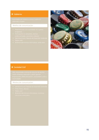 15
Gobierno
Autoridades del Gobierno central, Gobiernos
regionales y locales.
Medios de comunicación
ƒƒ Presentaciones a las autoridades de nuestros
programas.
ƒƒ Participación en campañas, alianzas
público-privadas, reuniones y debates.
ƒƒ Memoria Anual y Reporte de Desarrollo Sostenible.
ƒƒ Página web.
ƒƒ Boletines electrónicos informativos, entre otros.
Sociedad Civil
ONG relacionadas a temas de consumo de alcohol,
medio ambiente, educación y salud; gremios
empresariales; líderes de opinión, asociaciones civiles y
universidades.
Medios de comunicación
ƒƒ Memoria Anual y Reporte de Desarrollo Sostenible
ƒƒ Foros, ferias, alianzas
ƒƒ Página web
ƒƒ Boletines electrónicos informativos, reuniones
uno a uno, entre otros.
 