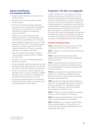 9
Nuestra Contribución
a la Economía del País
>	 Nuestras ventas representan cerca del 1.2%
del PBI nacional.
>	 Tenemos más de142 mil puntos de venta
a nivel nacional.
>	 El 35% de la venta de nuestros productos
para consumo en casa provienen de bodegas
y licorerías, lo cual representa una fuente
importante de ingresos para pequeños
negocios familiares.
>	 Generamos más de 4,000 puestos de
trabajo permanentes, descentralizados y con
remuneraciones competitivas en el mercado.
>	 Hemos pagado en impuestos más de S/.2,2003
millones en el año 2011, incluyendo Impuesto
General a las Ventas, Impuesto a la Renta,
Impuesto Selectivo al Consumo, aranceles e
impuestos municipales, entre otros.4
>	 Sólo por concepto de Impuesto a la Renta
nuestros pagos sumaron S/.254.55
millones
en el año 2011.
>	 Contamos con cerca de 5,000 proveedores
de bienes y servicios.
>	 Hemos articulado cadenas productivas con más
de 300 pequeños agricultores de maíz amarillo
duro de los valles de Jequetepeque y Barranca.
>	 El 69.1% de nuestras compras de bienes fue
de origen local y su monto ascendió a US$385
millones, lo que constituye un motor para el
desarrollo de otras industrias en el Perú.
>	 Ocupamos el segundo puesto en contribución
al desarrollo nacional, según la encuesta a nivel
nacional realizada por Ipsos Apoyo.
3	 Memoria Anual Backus 2011.	
4	 Memoria Anual Backus pg. 38
5	 Memoria Anual Backus 2011.
Trayectoria, 132 años a la vanguardia
Cumplir 132 años es un gran logro en el sector
empresarial peruano y nos convierte en uno de
los grupos empresariales más longevos del país.
Estamos comprometidos con el desarrollo del Perú
y por eso continuamos invirtiendo en modernizar
nuestras operaciones, haciéndolas más productivas
y ambientalmente responsables. A la par, seguimos
preocupándonos por el desarrollo de nuestra
gente, el respeto a los derechos humanos, la
promoción del consumo responsable y el desarrollo
sostenible de nuestras comunidades; todo ello en
cumplimiento irrestricto de las normas y alineados
a nuestras 10 Prioridades de Desarrollo Sostenible.
Evolución del Grupo Backus
1876 Jacobo Backus y Howard Johnston fundan
una fábrica de hielo en el distrito del Rímac.
1879 La fábrica se convierte en Backus & Johnston
Brewery Ltd.
1954 Un grupo de empresarios peruanos,
liderados por Ricardo Bentín Mujica, adquiere la
empresa cervecera.
1993 Se inaugura la planta en el distrito de Ate.
Dicha inversión, le permitió a la Empresa contar
con la capacidad necesaria para la expansión del
mercado cervecero.
1994 Backus adquiere la Compañía Nacional de
Cerveza S.A., principal competidor del Grupo
Backus por más de un siglo. Ingresa al mercado
de aguas y gaseosas del país.
1996 Se produce la fusión de Cervecería Backus y
Johnston S.A., Compañía Nacional de Cerveza S.A.,
Cervecería del Norte S.A. y Sociedad Cervecera
de Trujillo S.A. Nace, así, Unión de Cervecerías
Peruanas Backus y Johnston S.A.A.
2000 UCP Backus y Johnston adquiere Compañía
Cervecera del Sur del Perú S.A. (Cervesur).
2002 El Grupo Empresarial Bavaria, de Colombia,
ingresa al accionariado del Grupo Backus.
2005 SABMiller plc, con sede en Londres, Reino
Unido, adquiere Bavaria. El Grupo Backus se
convierte en parte del segundo grupo cervecero
más grande del mundo.
 
