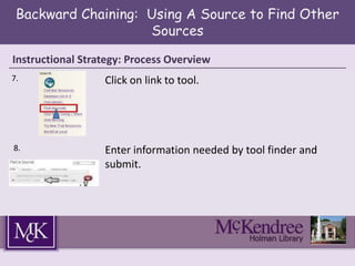 Backward Chaining: Using A Source to Find Other
Sources
Instructional Strategy: Process Overview
7. Click on link to tool.
8. Enter information needed by tool finder and
submit.
 