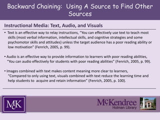 Backward Chaining: Using A Source to Find Other
Sources
Instructional Media: Text, Audio, and Visuals
• Text is an effective way to relay instructions, “You can effectively use text to teach most
skills (most verbal information, intellectual skills, and cognitive strategies and some
psychomotor skills and attitudes) unless the target audience has a poor reading ability or
low motivation” (Fenrich, 2005, p. 99).
• Audio is an effective way to provide information to learners with poor reading abilities,
“You can audio effectively for students with poor reading abilities” (Fenrich, 2005, p. 99).
• Images combined with text makes content meaning more clear to learners,
“Compared to only using text, visuals combined with text reduce the learning time and
help students to acquire and retain information” (Fenrich, 2005, p. 100).
 