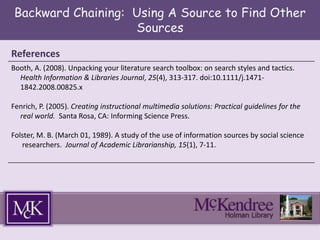 Backward Chaining: Using A Source to Find Other
Sources
References
Booth, A. (2008). Unpacking your literature search toolbox: on search styles and tactics.
Health Information & Libraries Journal, 25(4), 313-317. doi:10.1111/j.1471-
1842.2008.00825.x
Fenrich, P. (2005). Creating instructional multimedia solutions: Practical guidelines for the
real world. Santa Rosa, CA: Informing Science Press.
Folster, M. B. (March 01, 1989). A study of the use of information sources by social science
researchers. Journal of Academic Librarianship, 15(1), 7-11.
 