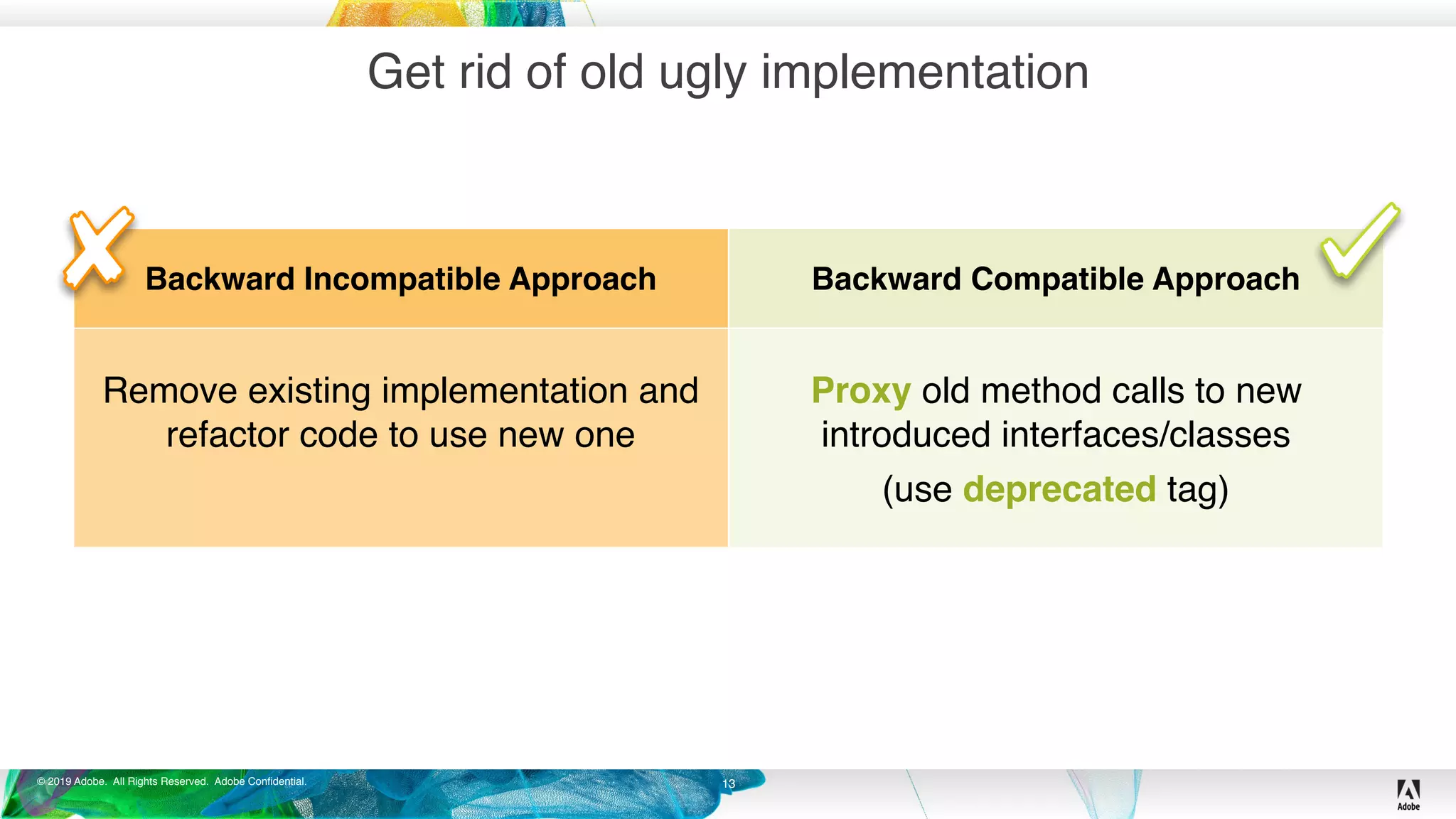 © 2019 Adobe. All Rights Reserved. Adobe Confidential.
Get rid of old ugly implementation
13
Backward Incompatible Approach Backward Compatible Approach
Remove existing implementation and
refactor code to use new one
Proxy old method calls to new
introduced interfaces/classes
(use deprecated tag)
 