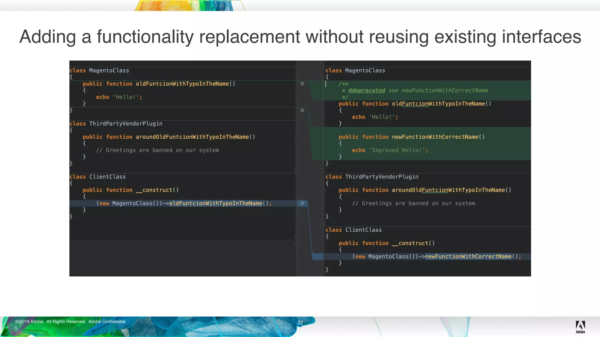 © 2019 Adobe. All Rights Reserved. Adobe Confidential.
Adding a functionality replacement without reusing existing interfaces
22
 