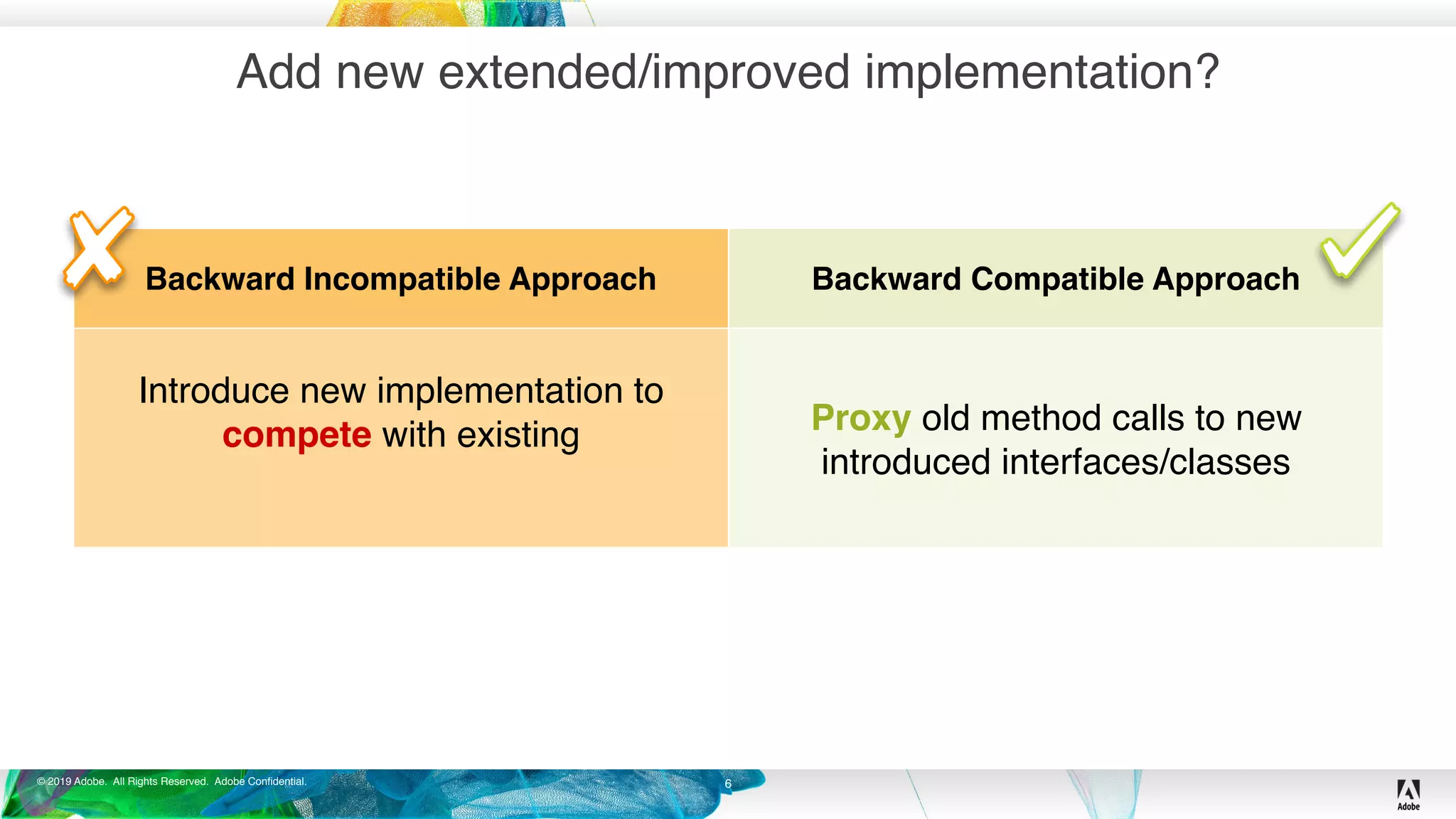 © 2019 Adobe. All Rights Reserved. Adobe Confidential.
Add new extended/improved implementation?
6
Backward Incompatible Approach Backward Compatible Approach
Introduce new implementation to
compete with existing Proxy old method calls to new
introduced interfaces/classes
 