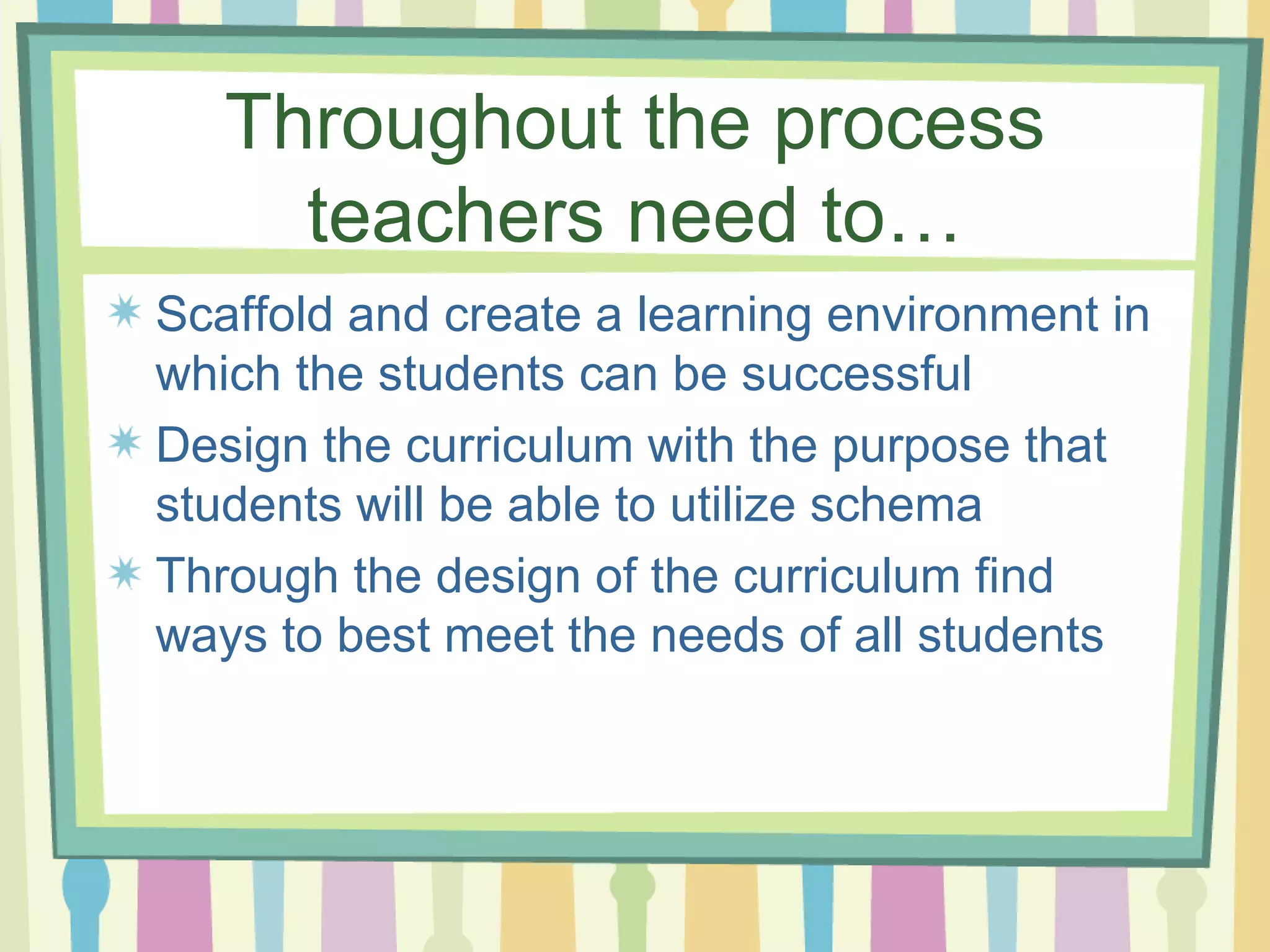 Throughout the process teachers need to… Scaffold and create a learning environment in which the students can be successful Design the curriculum with the purpose that students will be able to utilize schema Through the design of the curriculum find ways to best meet the needs of all students 