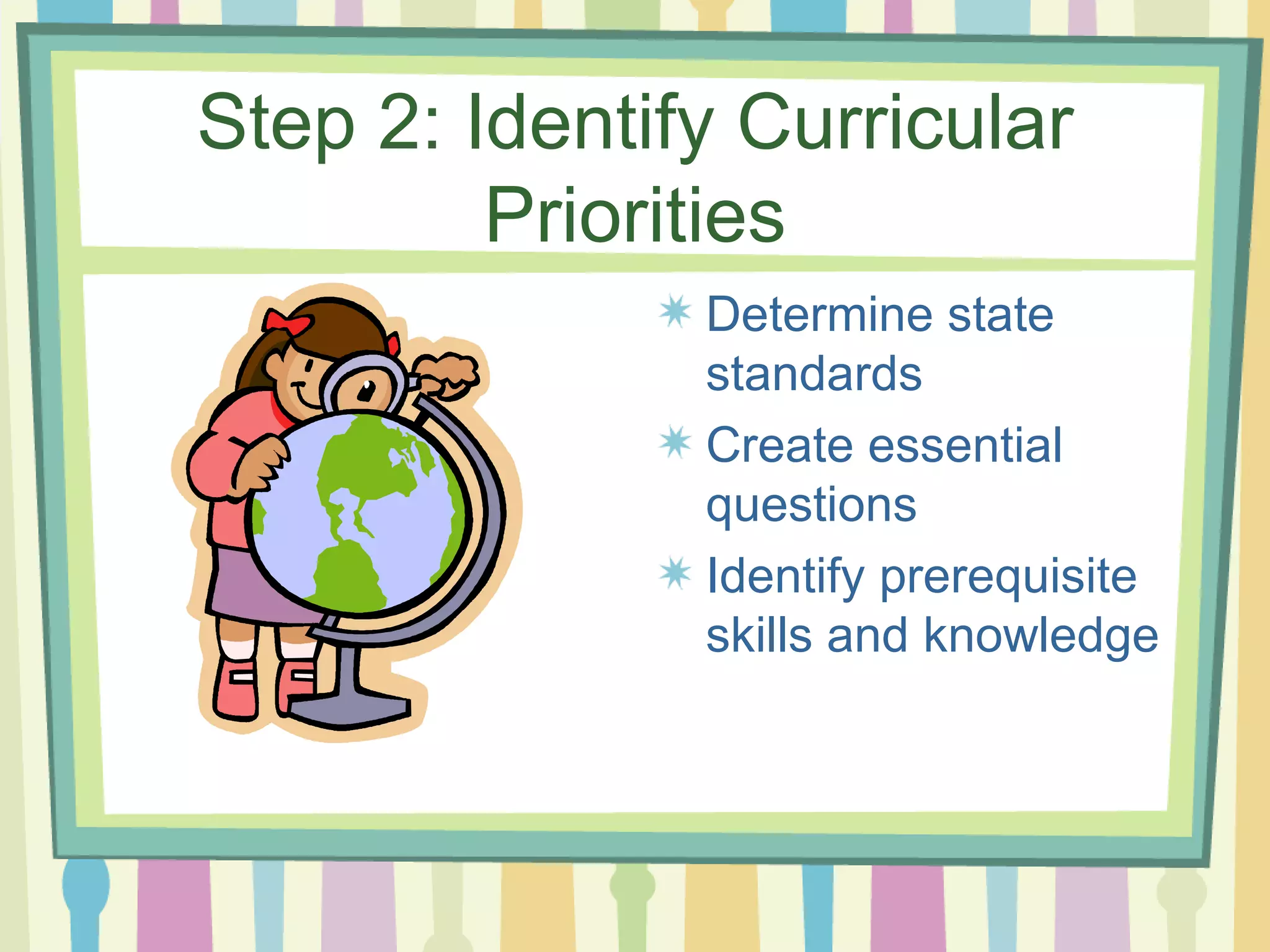 Step 2: Identify Curricular Priorities Determine state standards Create essential questions Identify prerequisite skills and knowledge 
