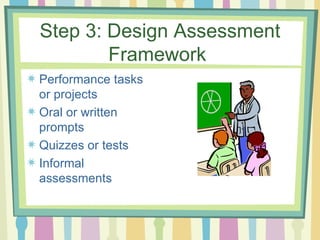 Step 3: Design Assessment Framework  Performance tasks or projects Oral or written prompts Quizzes or tests Informal assessments 