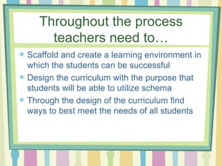 Throughout the process teachers need to… Scaffold and create a learning environment in which the students can be successful Design the curriculum with the purpose that students will be able to utilize schema Through the design of the curriculum find ways to best meet the needs of all students 
