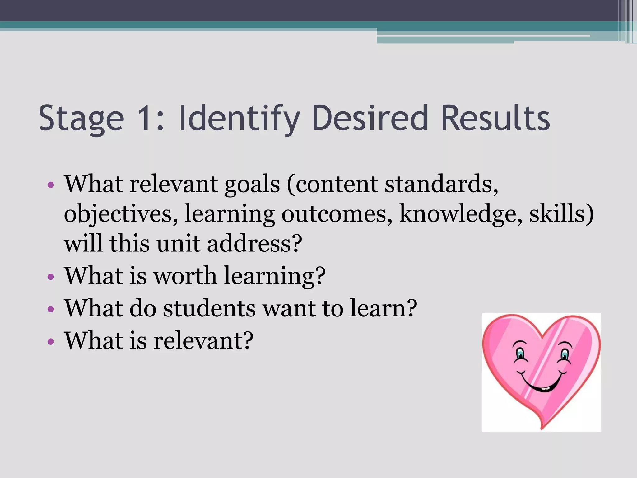 Stage 1: Identify Desired ResultsWhat relevant goals (content standards, objectives, learning outcomes, knowledge, skills) will this unit address?What is worth learning?What do students want to learn?What is relevant?