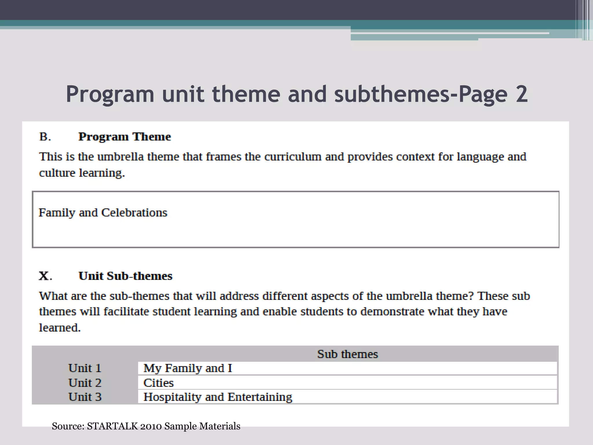 Program unit theme and subthemes-Page 2Source: STARTALK 2010 Sample Materials