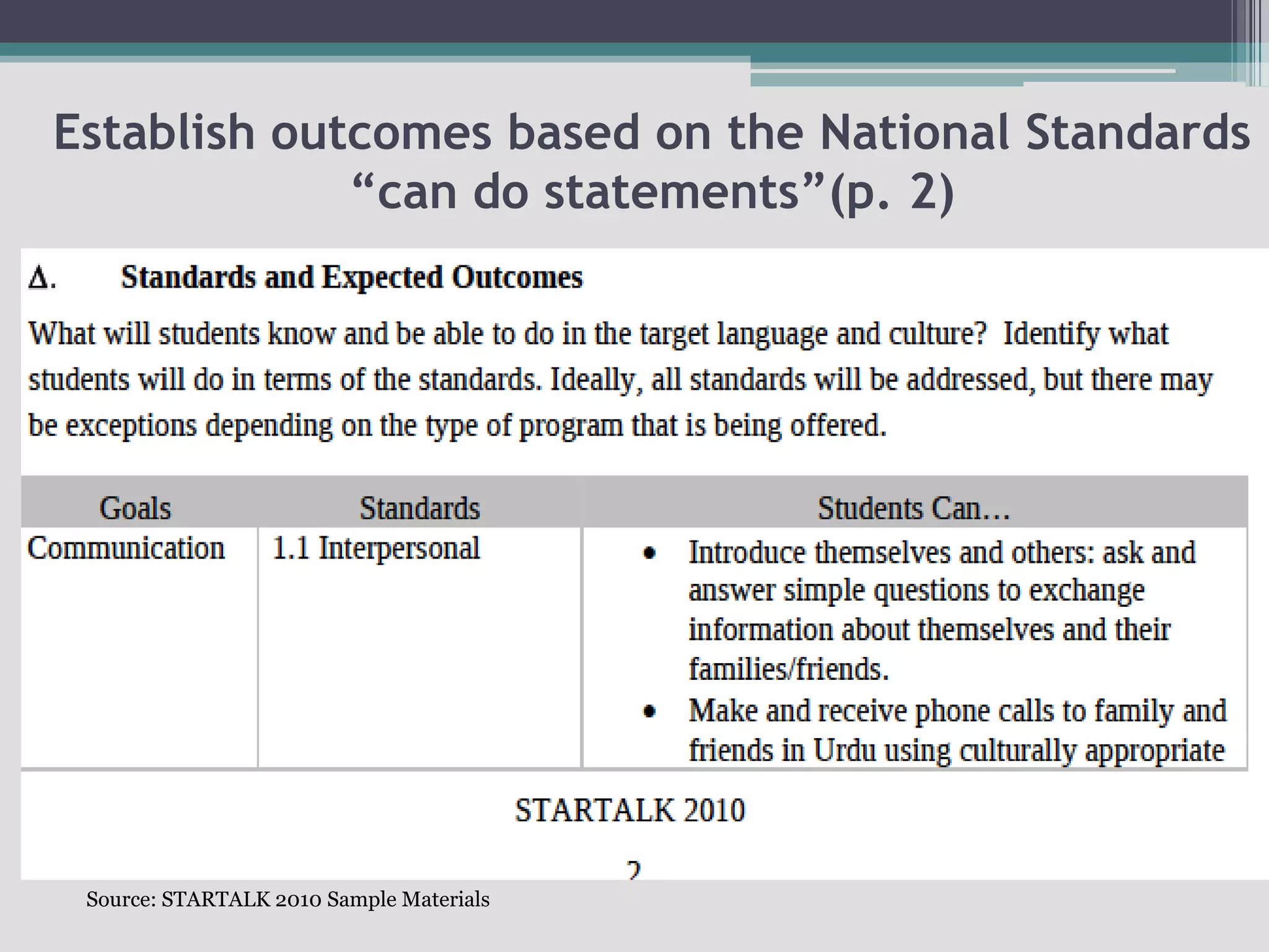 Establish outcomes based on the National Standards“can do statements”(p. 2)Source: STARTALK 2010 Sample Materials
