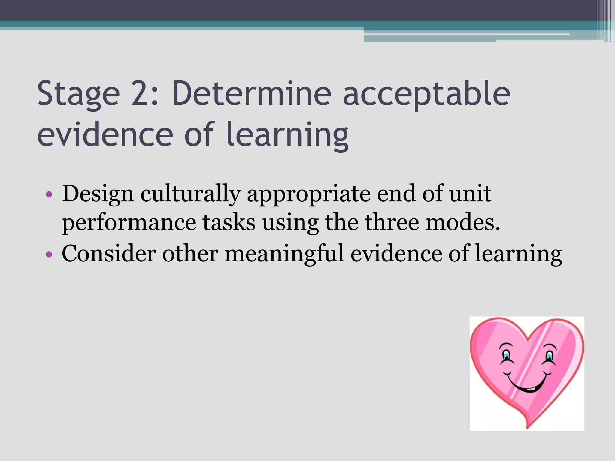 Stage 2: Determine acceptable evidence of learningDesign culturally appropriate end of unit performance tasks using the three modes.Consider other meaningful evidence of learning