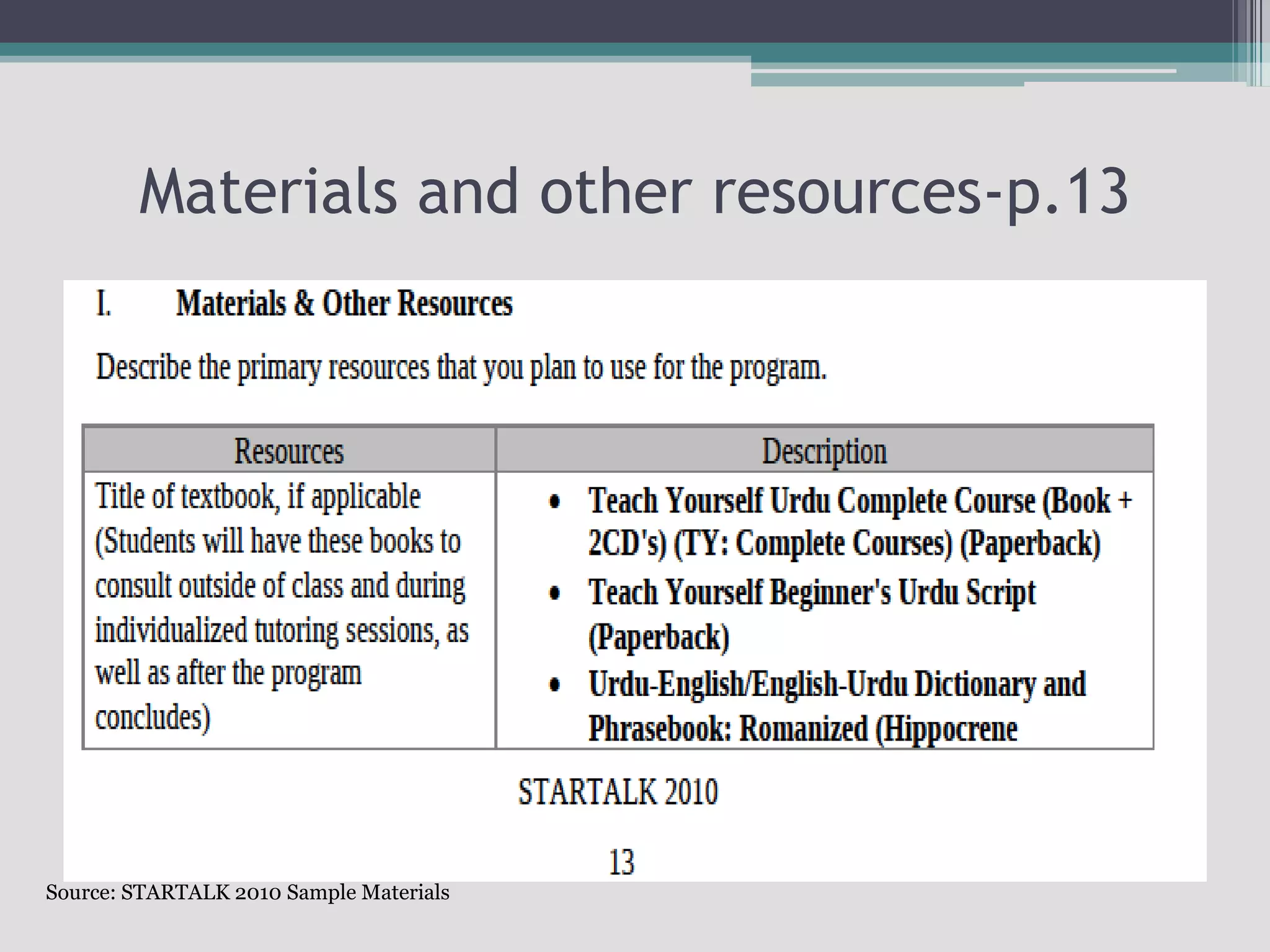 Materials and other resources-p.13Source: STARTALK 2010 Sample Materials
