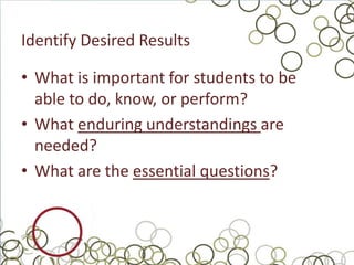 Identify Desired Results

• What is important for students to be
  able to do, know, or perform?
• What enduring understandings are
  needed?
• What are the essential questions?
 