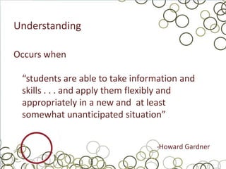 Understanding

Occurs when

 “students are able to take information and
 skills . . . and apply them flexibly and
 appropriately in a new and at least
 somewhat unanticipated situation”


                                 -Howard Gardner
 