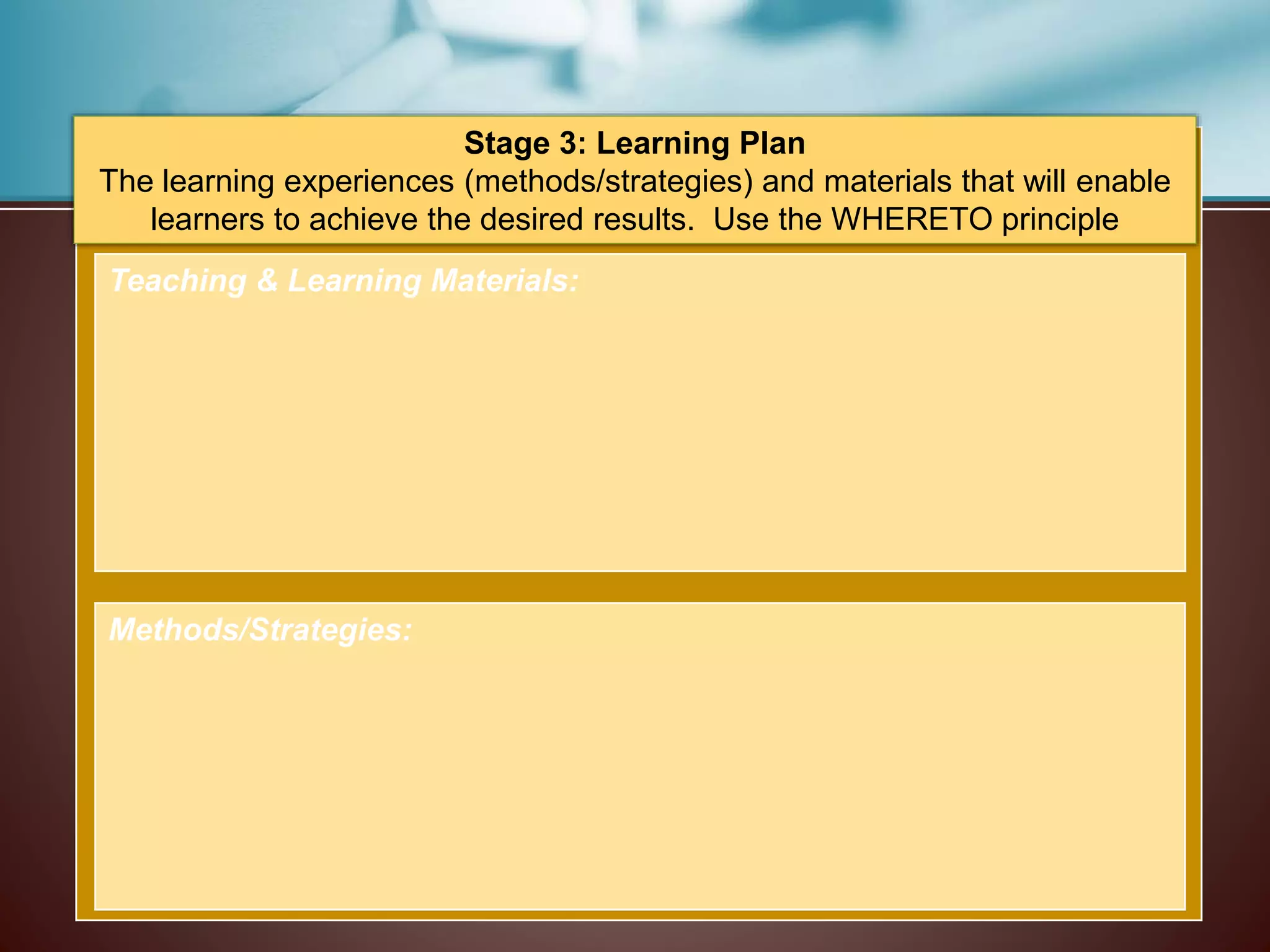 Stage 3: Learning Plan
The learning experiences (methods/strategies) and materials that will enable
learners to achieve the desired results. Use the WHERETO principle
Teaching & Learning Materials:
Methods/Strategies:
 
