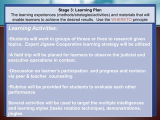 Stage 3: Learning Plan
The learning experiences (methods/strategies/activities) and materials that will
enable learners to achieve the desired results. Use the WHERETO principle
Learning Activities:
•Students will work in groups of threes or fives to research given
topics. Expert Jigsaw Cooperative learning strategy will be utilized
•A field trip will be planed for learners to observe the judicial and
executive operations in context.
•Discussion on learner’s participation and progress and revision
via peer & teacher counseling
•Rubrics will be provided for students to evaluate each other
performance
Several activities will be used to target the multiple intelligences
and learning styles (tasks rotation technique), demonstrations,
jingles
 