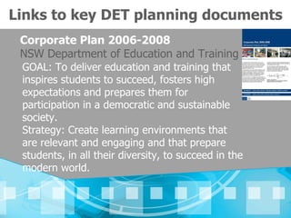 Links to key DET planning documents
 Corporate Plan 2006-2008
 NSW Department of Education and Training
 GOAL: To deliver education and training that
 inspires students to succeed, fosters high
 expectations and prepares them for
 participation in a democratic and sustainable
 society.
 Strategy: Create learning environments that
 are relevant and engaging and that prepare
 students, in all their diversity, to succeed in the
 modern world.
 