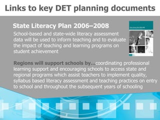 Links to key DET planning documents

 State Literacy Plan 2006–2008
  School-based and state-wide literacy assessment
  data will be used to inform teaching and to evaluate
  the impact of teaching and learning programs on
  student achievement

  Regions will support schools by…coordinating professional
  learning support and encouraging schools to access state and
  regional programs which assist teachers to implement quality,
  syllabus based literacy assessment and teaching practices on entry
  to school and throughout the subsequent years of schooling
 