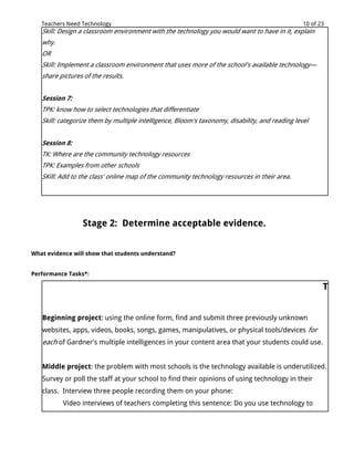 Teachers Need Technology                                                                      10 of 23
   Skill: Design a classroom environment with the technology you would want to have in it, explain
   why.
   OR
   Skill: Implement a classroom environment that uses more of the school's available technology—
   share pictures of the results.


   Session 7:
   TPK: know how to select technologies that differentiate
   Skill: categorize them by multiple intelligence, Bloom's taxonomy, disability, and reading level


   Session 8:
   TK: Where are the community technology resources
   TPK: Examples from other schools
   SKill: Add to the class' online map of the community technology resources in their area.




                  Stage 2: Determine acceptable evidence.


What evidence will show that students understand?


Performance Tasks*:

                                                                                                        T


   Beginning project: using the online form, find and submit three previously unknown
   websites, apps, videos, books, songs, games, manipulatives, or physical tools/devices for
   each of Gardner's multiple intelligences in your content area that your students could use.


   Middle project: the problem with most schools is the technology available is underutilized.
   Survey or poll the staff at your school to find their opinions of using technology in their
   class. Interview three people recording them on your phone:
          Video interviews of teachers completing this sentence: Do you use technology to
 