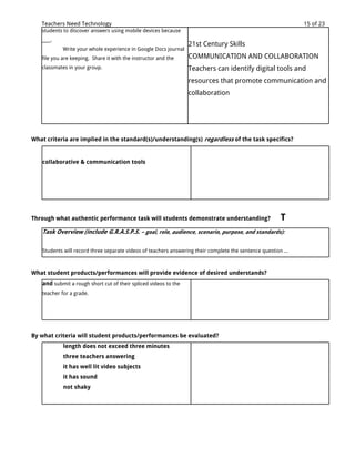 Teachers Need Technology                                                                                    15 of 23
   students to discover answers using mobile devices because
   ____.
                                                                 21st Century Skills
            Write your whole experience in Google Docs journal
   file you are keeping. Share it with the instructor and the    COMMUNICATION AND COLLABORATION
   classmates in your group.                                     Teachers can identify digital tools and
                                                                 resources that promote communication and
                                                                 collaboration




What criteria are implied in the standard(s)/understanding(s) regardless of the task specifics?


   collaborative & communication tools




Through what authentic performance task will students demonstrate understanding?                        T
   Task Overview (include G.R.A.S.P.S. – goal, role, audience, scenario, purpose, and standards):


   Students will record three separate videos of teachers answering their complete the sentence question ...



What student products/performances will provide evidence of desired understands?
   and submit a rough short cut of their spliced videos to the
   teacher for a grade.




By what criteria will student products/performances be evaluated?
            length does not exceed three minutes
            three teachers answering
            it has well lit video subjects
            it has sound
            not shaky
 