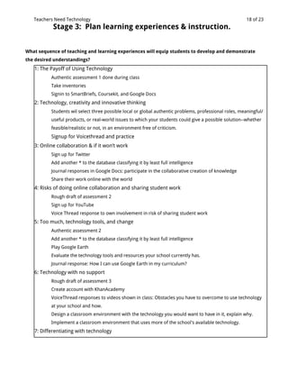 Teachers Need Technology                                                                             18 of 23
           Stage 3: Plan learning experiences & instruction.


What sequence of teaching and learning experiences will equip students to develop and demonstrate
the desired understandings?
   1: The Payoff of Using Technology
          Authentic assessment 1 done during class
          Take inventories
          Signin to SmartBriefs, Coursekit, and Google Docs
   2: Technology, creativity and innovative thinking
          Students wil select three possible local or global authentic problems, professional roles, meaningful/
          useful products, or real-world issues to which your students could give a possible solution--whether
          feasible/realistic or not, in an environment free of criticism.
          Signup for Voicethread and practice
   3: Online collaboration & if it won’t work
          Sign up for Twitter
          Add another * to the database classifying it by least full intelligence
          Journal responses in Google Docs: participate in the collaborative creation of knowledge
          Share their work online with the world
   4: Risks of doing online collaboration and sharing student work
          Rough draft of assessment 2
          Sign up for YouTube
          Voice Thread response to own involvement in risk of sharing student work
   5: Too much, technology tools, and change
          Authentic assessment 2
          Add another * to the database classifying it by least full intelligence
          Play Google Earth
          Evaluate the technology tools and resources your school currently has.
          Journal response: How I can use Google Earth in my curriculum?
   6: Technology with no support
          Rough draft of assessment 3
          Create account with KhanAcademy
          VoiceThread responses to videos shown in class: Obstacles you have to overcome to use technology
          at your school and how.
          Design a classroom environment with the technology you would want to have in it, explain why.
          Implement a classroom environment that uses more of the school's available technology.
   7: Differentiating with technology
 
