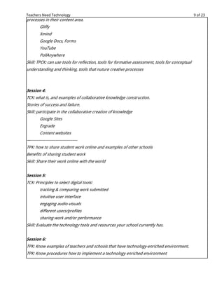 Teachers Need Technology                                                                          9 of 23
processes in their content area.
         Gliffy
         Xmind
         Google Docs, Forms
         YouTube
         PollAnywhere
Skill: TPCK: can use tools for reflection, tools for formative assessment, tools for conceptual
understanding and thinking, tools that nuture creative processes



Session 4:
TCK: what is, and examples of collaborative knowledge construction.
Stories of success and failure.
Skill: participate in the collaborative creation of knowledge
         Google Sites
         Engrade
         Content websites
—------------------------------------
TPK: how to share student work online and examples of other schools
Benefits of sharing student work
Skill: Share their work online with the world


Session 5:
TCK: Principles to select digital tools:
         tracking & comparing work submitted
         intuitive user interface
         engaging audio-visuals
         different users/profiles
         sharing work and/or performance
Skill: Evaluate the technology tools and resources your school currently has.


Session 6:
TPK: Know examples of teachers and schools that have technology-enriched environment.
TPK: Know procedures how to implement a technology enriched environment
 