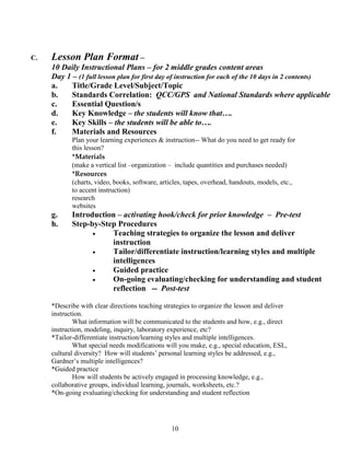 C.   Lesson Plan Format –
     10 Daily Instructional Plans – for 2 middle grades content areas
     Day 1 – (1 full lesson plan for first day of instruction for each of the 10 days in 2 contents)
     a.    Title/Grade Level/Subject/Topic
     b.    Standards Correlation: QCC/GPS and National Standards where applicable
     c.    Essential Question/s
     d.    Key Knowledge – the students will know that….
     e.    Key Skills – the students will be able to….
     f.    Materials and Resources
            Plan your learning experiences & instruction-- What do you need to get ready for
            this lesson?
            *Materials
            (make a vertical list –organization – include quantities and purchases needed)
            *Resources
            (charts, video, books, software, articles, tapes, overhead, handouts, models, etc.,
            to accent instruction)
            research
            websites
     g.     Introduction – activating hook/check for prior knowledge – Pre-test
     h.     Step-by-Step Procedures
                       Teaching strategies to organize the lesson and deliver
                       instruction
                       Tailor/differentiate instruction/learning styles and multiple
                       intelligences
                       Guided practice
                       On-going evaluating/checking for understanding and student
                       reflection -- Post-test

     *Describe with clear directions teaching strategies to organize the lesson and deliver
     instruction.
             What information will be communicated to the students and how, e.g., direct
     instruction, modeling, inquiry, laboratory experience, etc?
     *Tailor-differentiate instruction/learning styles and multiple intelligences.
             What special needs modifications will you make, e.g., special education, ESL,
     cultural diversity? How will students’ personal learning styles be addressed, e.g.,
     Gardner’s multiple intelligences?
     *Guided practice
             How will students be actively engaged in processing knowledge, e.g.,
     collaborative groups, individual learning, journals, worksheets, etc.?
     *On-going evaluating/checking for understanding and student reflection




                                                 10
 
