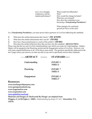 one’s own strengths,          What would I do differently?
                                      weaknesses, and the           Why?
                                      student performance?          How would this change be better?
                                                                    What have you learned?
                                                                    How does this contribute to my
                                                                    becoming a Transforming Practitioner?

                                                                    What strategies for continued
                                                                    growth do I have in this area?

As a Transforming Practitioner, you must answer these questions in LiveText addressing the standards:

1.      What does this artifact demonstrate that I know? (TO KNOW)
2.      What does this artifact demonstrate that I can do? (TO DO)
3.      How have I been transformed as a result of this artifact? (TO BE)
4.      How does this artifact/reflection show that you have met this standard? (REFLECTION)
Please note that the two unit LiveText interdisciplinary unit which you create for Understanding—Subject
Matter will be repeated in the Practicing section and the Engagement section of LiveText. However, you
will create original Reflections in all of the above areas noted. The questions specifically addressed on the
last 2 pages focus your answers on what you did in your unit to specifically answer these standards:

                 -------ARTIFACT             --------        STANDARD------

                      Understanding                          INTASC 1
                                                             NMSA 4

                      Practicing                             INTASC 7
                                                             NMSA 5

                      Engagement                             INTASC 4
                                                             NMSA 5
Resources:
www.teachingwithpurpose.com
www.georgiastandards.org
www.kaganonline.com
www.inspiration.com
www.pdonline.ascd.org/
Materials and Images on ‘Backwards By Design’ are adapted from:
Wiggins, G. & McTighe, J. (2005). Understanding by design (2nd ed.). Alexandria, VA:
ASCD.




                                                    14
 