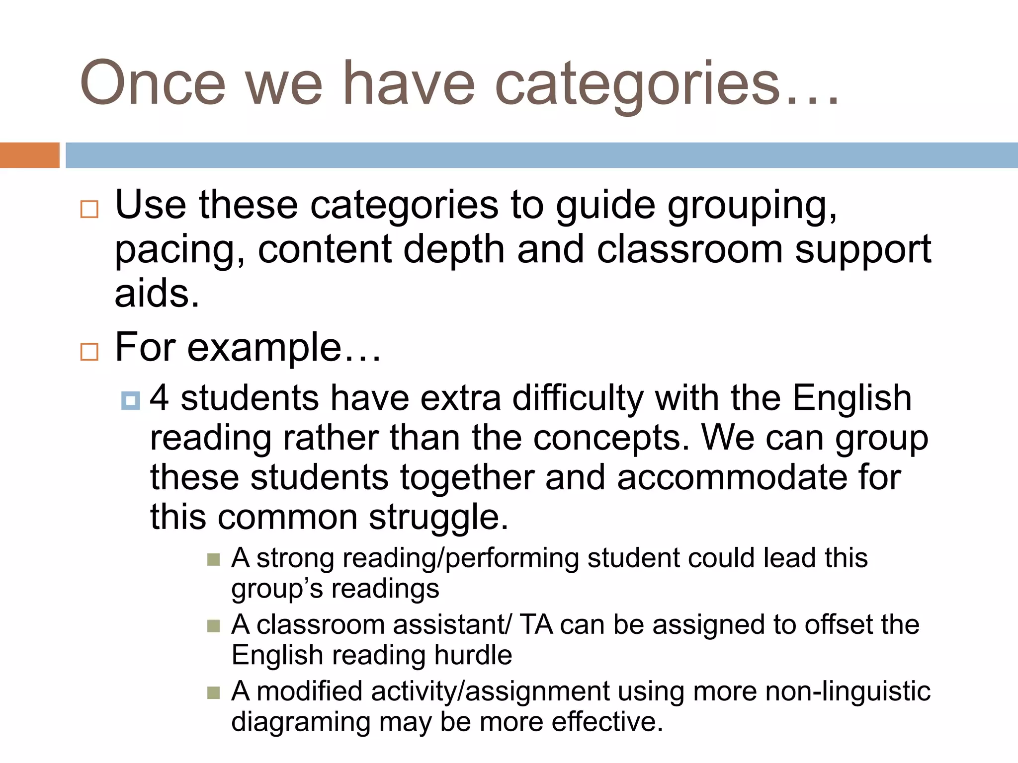 Once we have categories…
 Use these categories to guide grouping,
pacing, content depth and classroom support
aids.
 For example…
 4 students have extra difficulty with the English
reading rather than the concepts. We can group
these students together and accommodate for
this common struggle.
 A strong reading/performing student could lead this
group’s readings
 A classroom assistant/ TA can be assigned to offset the
English reading hurdle
 A modified activity/assignment using more non-linguistic
diagraming may be more effective.
 