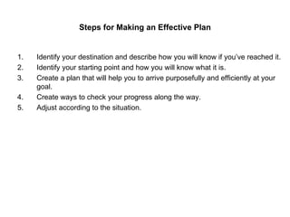 Steps for Making an Effective Plan <ul><li>Identify your destination and describe how you will know if you’ve reached it. ...