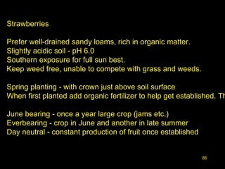 86
Strawberries
Prefer well-drained sandy loams, rich in organic matter.
Slightly acidic soil - pH 6.0
Southern exposure for full sun best.
Keep weed free, unable to compete with grass and weeds.
Spring planting - with crown just above soil surface
When first planted add organic fertilizer to help get established. Th
June bearing - once a year large crop (jams etc.)
Everbearing - crop in June and another in late summer
Day neutral - constant production of fruit once established
 