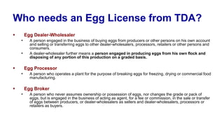 Who needs an Egg License from TDA?
▪ Egg Dealer-Wholesaler
• A person engaged in the business of buying eggs from producers or other persons on his own account
and selling or transferring eggs to other dealer-wholesalers, processors, retailers or other persons and
consumers.
• A dealer-wholesaler further means a person engaged in producing eggs from his own flock and
disposing of any portion of this production on a graded basis.
▪ Egg Processor
• A person who operates a plant for the purpose of breaking eggs for freezing, drying or commercial food
manufacturing.
▪ Egg Broker
• A person who never assumes ownership or possession of eggs, nor changes the grade or pack of
eggs, but is engaged in the business of acting as agent, for a fee or commission, in the sale or transfer
of eggs between producers, or dealer-wholesalers as sellers and dealer-wholesalers, processors or
retailers as buyers.
 
