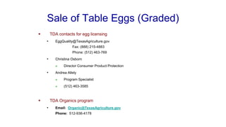 Sale of Table Eggs (Graded)
▪ TDA contacts for egg licensing
• EggQuality@TexasAgriculture.gov
Fax: (888) 215-4883
Phone: (512) 463-769
• Christina Osborn
❖ Director Consumer Product Protection
• Andrea Allely
❖ Program Specialist
❖ (512) 463-3585
▪ TDA Organics program
• Email: Organic@TexasAgriculture.gov
Phone: 512-936-4178
 