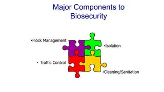 Major Components to
Biosecurity
•Flock Management
•Isolation
• Traffic Control
•Cleaning/Sanitation
 