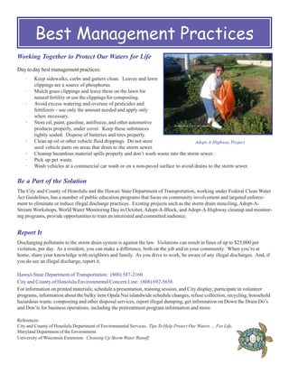 Best Management Practices
Working Together to Protect Our Waters for Life
Day to day best management practices:
    ·   Ke...