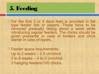 5. Feeding
 For the first 3 or 4 days feed is provided in flat
type feeder lids or papers. These have to be
removed gradually taking about a week while
introducing regular feeders. The chicks should be
given prestarter in case of broilers and chick
starter in case of layers.
 Feeder space requirements:
Up to 2 weeks – 2.5 cm/chick
2 to 8 weeks – 4 to 5 cm/chick
3 hanging feeders/100 chicks.
 