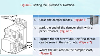 Figure 6. Setting the Direction of Rotation.
3. Close the damper blades, (Figure 8)
4. Mark the end of the damper shaft with a
pencil/marker, (Figure 8)
5. Tighten the set screw until the first thread
can be seen in the shaft hole, (Figure 7)
6. Mount the actuator on the damper shaft,
(Figure 8)
 