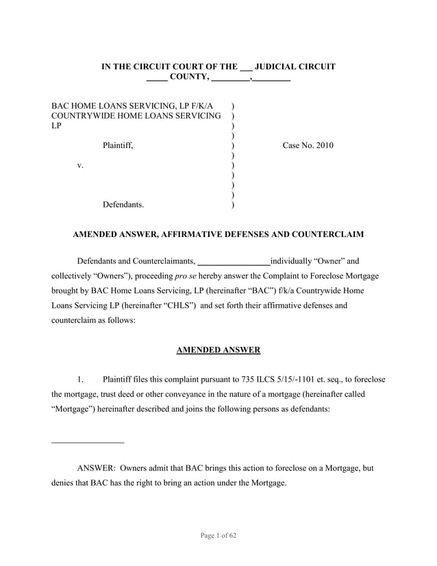 BANK OF AMERICA FORECLOSURE, ANSWER, AFFIRMATIVE DEFENSES, COUNTERCLAIM