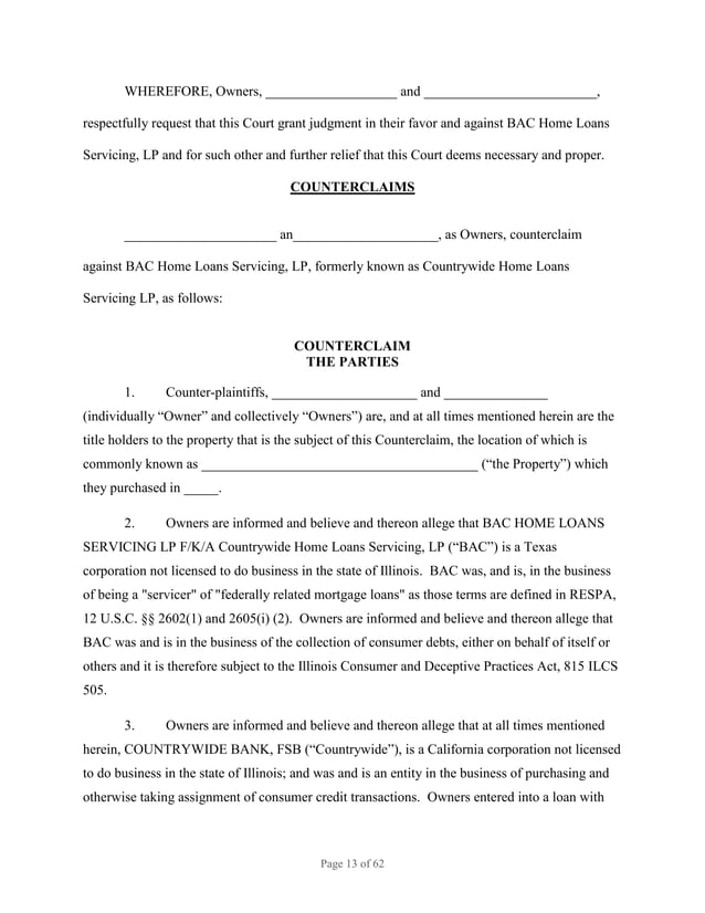 BANK OF AMERICA FORECLOSURE, ANSWER, AFFIRMATIVE DEFENSES, COUNTERCLAIM