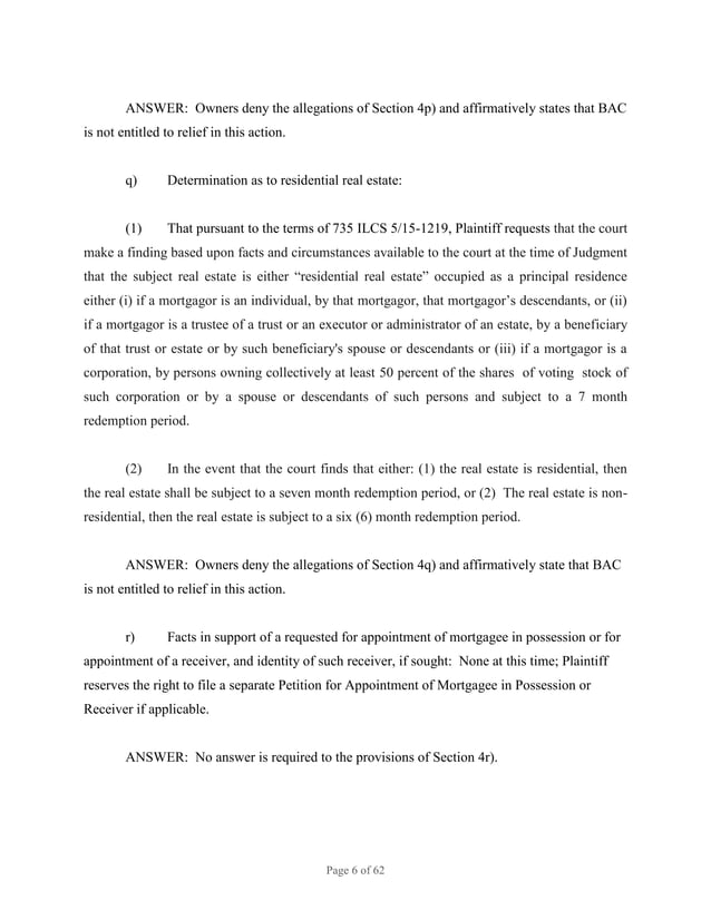 BANK OF AMERICA FORECLOSURE, ANSWER, AFFIRMATIVE DEFENSES, COUNTERCLAIM