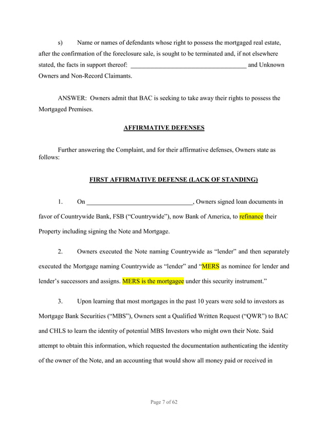 BANK OF AMERICA FORECLOSURE, ANSWER, AFFIRMATIVE DEFENSES, COUNTERCLAIM