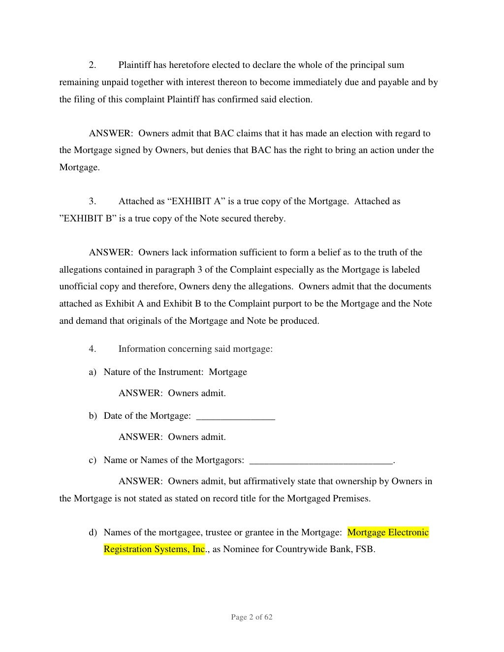 BANK OF AMERICA FORECLOSURE, ANSWER, AFFIRMATIVE DEFENSES, COUNTERCLA…