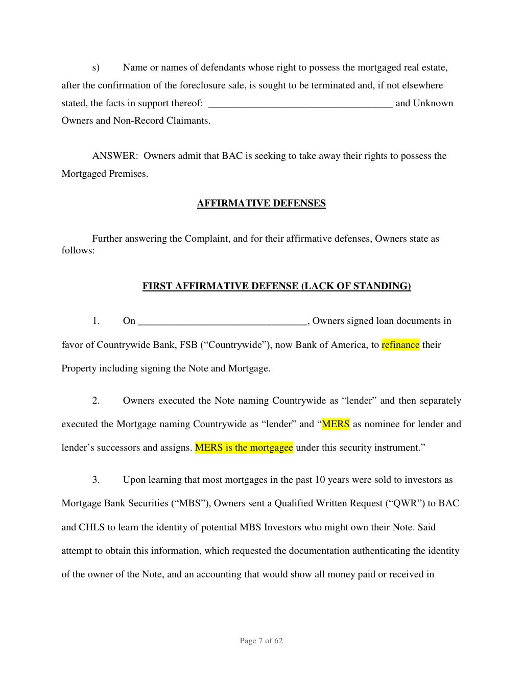 BANK OF AMERICA FORECLOSURE, ANSWER, AFFIRMATIVE DEFENSES, COUNTERCLA…