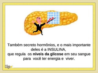 Também secreto hormônios, e o mais importante deles é a INSULINA,  que regula  os  níveis da glicose  em seu sangue  para  você ter energia e  viver. 
