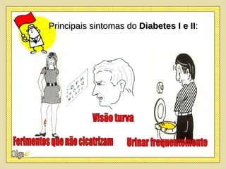 Visão turva Ferimentos que não cicatrizam Urinar frequentemente Principais sintomas do  Diabetes I e II : 