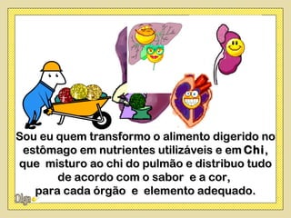 Sou eu quem transformo o alimento digerido no
 estômago em nutrientes utilizáveis e em Chi ,
que misturo ao chi do pulmão e distribuo tudo
       de acordo com o sabor e a cor,
   para cada órgão e elemento adequado.
 