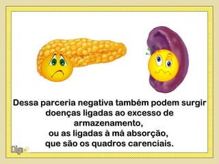 Dessa parceria negativa também podem surgir
       doenças ligadas ao excesso de
              armazenamento,
        ou as ligadas à má absorção,
       que são os quadros carenciais.
 